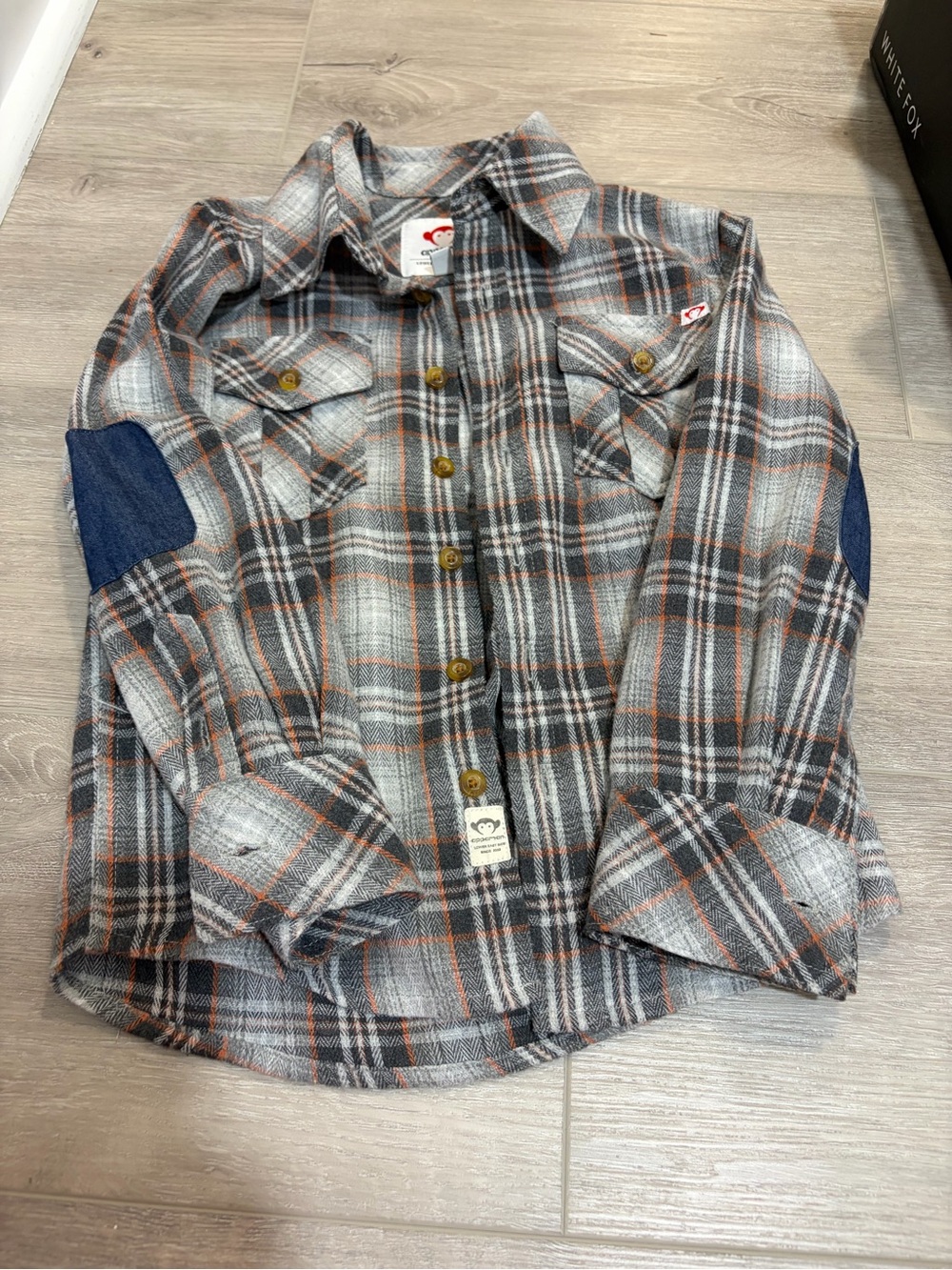 Kids' appaman Gray & Orange Plaid Button-Up Shirt with denim patches